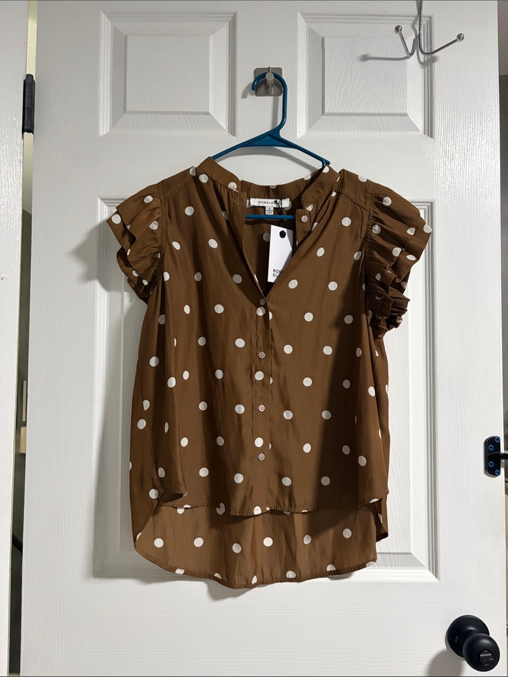 Rose & Olive Brown Polka Dot Flutter Sleeve Blouse
